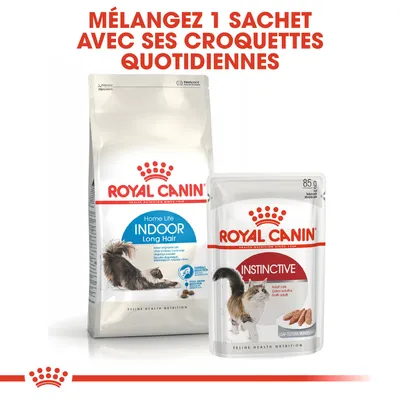 Mélangez 1 sachet avec ses croquettes quotidiennes. Paquet Royal Canin Home Life Indoor Long Hair et sachet Royal Canin Instinctive 85 g visibles.