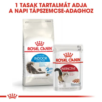 1 tasak tartalmát adja a napi tápszemcse-adaghoz. Royal Canin Home Life Indoor Long Hair száraz táp és Royal Canin Instinctive 85 g nedves eledel csomagolása macskával.