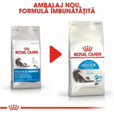 Royal Canin Indoor Long Hair, ambalaj vechi și nou prezentate alături, text vizibil: „AMBALAJ NOU, FORMULA IMBUNĂTĂȚITĂ” și denumirea produsului pe ambele pungi.