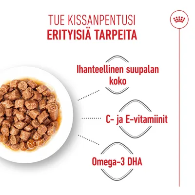 Kulhollinen märkäruokapaloja, Teksti: Ihanteellinen palakoko, C- ja E-vitamiinit, Omega-3 DHA. Kulhollinen märkäruokapaloja, Teksti: Ihanteellinen palakoko, C- ja E-vitamiinit, Omega-3 DHA.