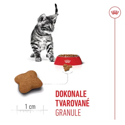 Krmivo pro kočky ve formě misek, velikost kroket cca 1 cm, Text: DOKONALE TVAROVANÉ GRANULE. Kočka vedle misky s granulemi zobrazená. Krmivo pro kočky ve formě misek, velikost kroket cca 1 cm, Text: DOKONALE TVAROVANÉ GRANULE. Kočka vedle misky s granulemi zobrazená.