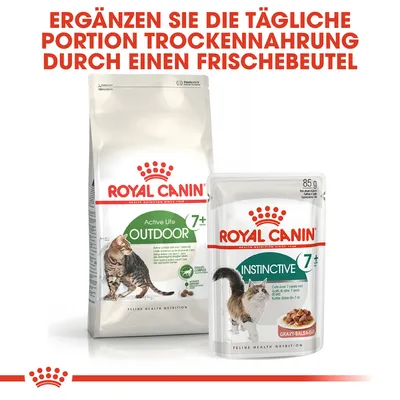 Royal Canin Active Life Outdoor 7+ Trockenfutter und Instinctive 7+ Frischebeutel für Katzen ab 7 Jahren. Ergänzen Sie die tägliche Portion Trockenfutter durch einen Frischebeutel.