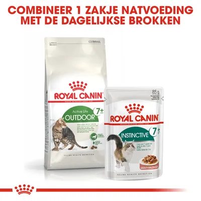 Royal Canin Active Life Outdoor 7+ droogvoer en Instinctive 7+ natvoeding voor katten. Tekst: Combineer 1 zakje natvoeding met de dagelijkse brokken.