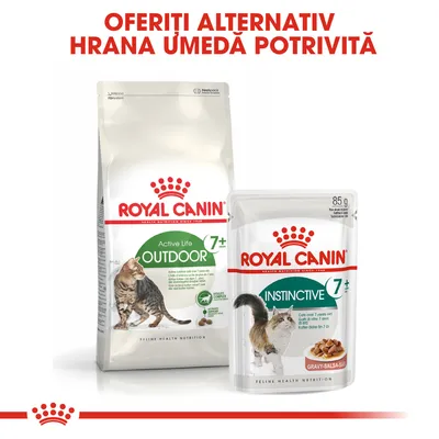 ROYAL CANIN Active Life Outdoor 7+ hrană uscată pentru pisici și ROYAL CANIN Instinctive 7+ hrană umedă, plic 85 g. Text vizibil: Oferiți alternativ hrana umedă potrivită.