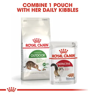 Royal Canin Active Life Outdoor dry cat food bag and Royal Canin Instinctive 85g wet pouch. Text above: Combine 1 pouch with her daily kibbles.
