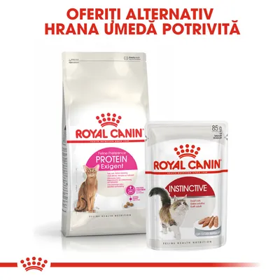 ROYAL CANIN Feline Preference PROTEIN Exigent hrană uscată pentru pisici și ROYAL CANIN INSTINCTIVE hrană umedă 85 g, text vizibil: OFERIȚI ALTERNATIV HRANA UMEDĂ POTRIVITĂ