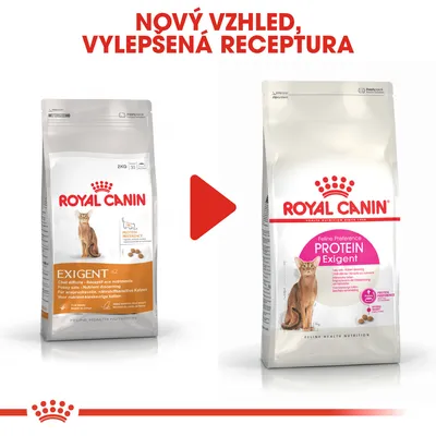 Porovnání starého a nového balení krmiva pro kočky Royal Canin Exigent, nápis: Nový vzhled, vylepšená receptura. Vlevo původní obal, vpravo nový s textem Protein Exigent.