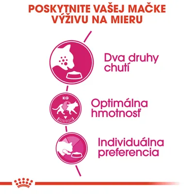 Poskytnite vašej mačke výživu na mieru: dva druhy chuti, optimálna hmotnosť, individuálna preferencia. Text a piktogramy s mačkami a miskami.