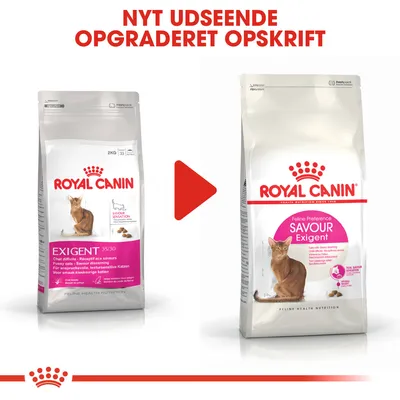 Royal Canin Exigent kattefoder, før og efter opdatering. Tekst: NYT UDSEENDE OPGRADERET OPSKRIFT. Venstre: Exigent 35/30. Højre: Feline Preference Savour Exigent.