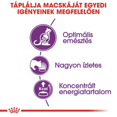 Táplálja macskáját egyedi igényeinek megfelelően: optimális emésztés, nagyon ízletes, koncentrált energiatartalom feliratok és ikonok láthatók.