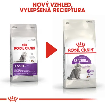Porovnání starého a nového balení krmiva Royal Canin Sensible 33 pro kočky, nápis: Nový vzhled, vylepšená receptura. Viditelné texty: Regular Sensible 33, Optimal Digestion.