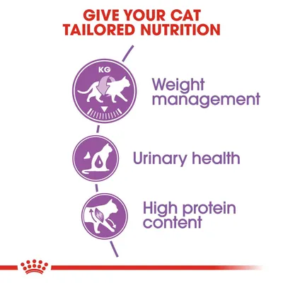 Tekst på engelsk: GIVE YOUR CAT TAILORED NUTRITION. Weight management, Urinary health, High protein content. Tre lilla ikoner med katte og symboler.