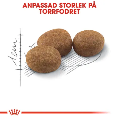 Tre bitar torrfoder med texten 'Anpassad storlek på torrfodret' och en skala som visar cirka 1 cm i diameter.