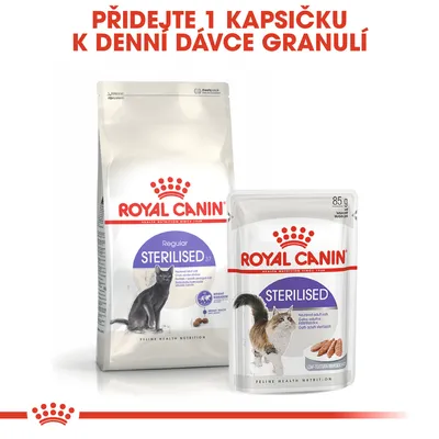 ROYAL CANIN STERILISED granule a kapsička pro kočky, nápis: Přidejte 1 kapsičku k denní dávce granulí. Balení granulí a kapsičky s obrázky koček.
