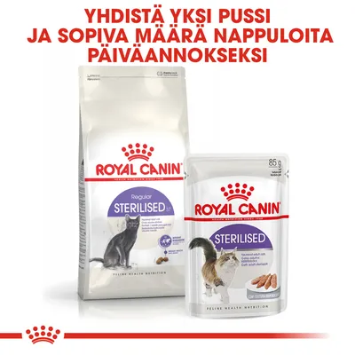 Yhdistä yksi pussi ja sopiva määrä nappuloita päiväannokseksi. Royal Canin Sterilised -kuivaruoka ja märkäruoka, 85 g pussi näkyvissä.