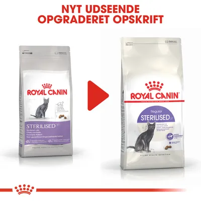 Royal Canin Sterilised 37 kattefoder, før og efter opdatering. Tekst: NYT UDSEENDE OPGRADERET OPSKRIFT. To poser med forskelligt design vises side om side.