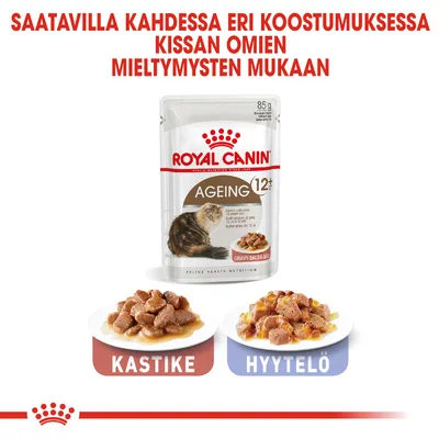 Royal Canin Ageing 12+ kissanruoka, 85 g annospussi. Saatavilla kahdessa koostumuksessa: kastike ja hyytelö. Teksti: 'Saatavilla kahdessa eri koostumuksessa kissan omien mieltymysten mukaan.'