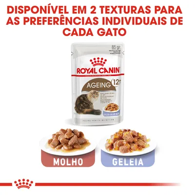 Royal Canin Ageing 12+ para gatos, disponível em duas texturas: molho e geleia. Embalagem de 85 g visível com imagem do produto e pratos demonstrativos das duas opções.