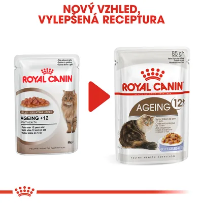 Porovnání starého a nového obalu kapsičky Royal Canin Ageing 12+ pro kočky, nápis 'Nový vzhled, vylepšená receptura' nahoře, oba obaly s obrázkem kočky a krmiva.