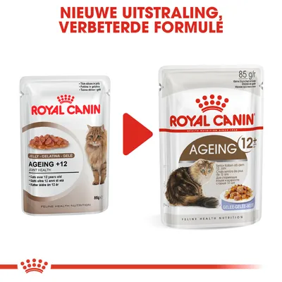 Royal Canin Ageing 12+ kattenvoer, oude en nieuwe verpakking, tekst: Nieuwe uitstraling, verbeterde formule. Beide verpakkingen tonen kat en gelei-voeding, 85 g.