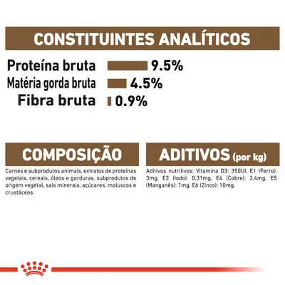 Constituintes analíticos: proteína bruta 9,5 %, matéria gorda bruta 4,5 %, fibra bruta 0,9 %. Composição: carnes, subprodutos animais, cereais, óleos, gorduras. Aditivos: vitaminas e minerais.