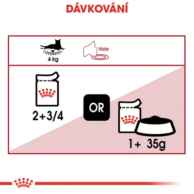 Dávkování pro kočku 4 kg: 2 a 3/4 kapsičky nebo 1 kapsička plus 35 g suchého krmiva. Symbol vody s textem Water.