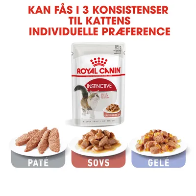 Royal Canin Instinctive kattemad 85 g. Kan fås i 3 konsistenser: paté, sovs og gelé. Synlige skåle med hver variant samt tekst: 'Til kattens individuelle præference'.