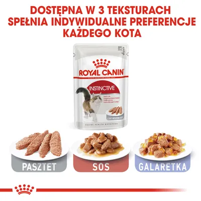 Royal Canin Instinctive dla kotów, dostępna w 3 teksturach: pasztet, sos, galaretka. Opakowanie 85 g. Widoczne porcje karmy na talerzach z podpisami.