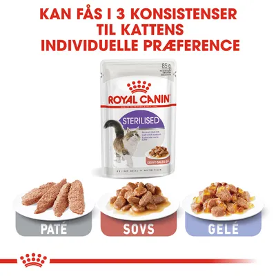 Royal Canin Sterilised kattefoder, 85 g. Kan fås i 3 konsistenser: paté, sovs, gelé. Tekst: 'Kan fås i 3 konsistenser til kattens individuelle præference'.