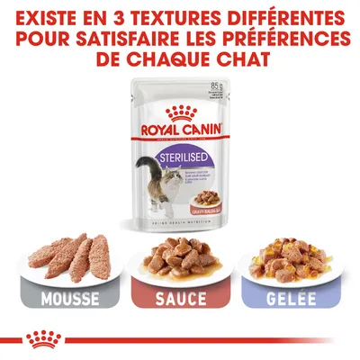 Royal Canin Sterilised 85 g, existe en 3 textures : mousse, sauce, gelée. Texte visible : Existe en 3 textures différentes pour satisfaire les préférences de chaque chat.