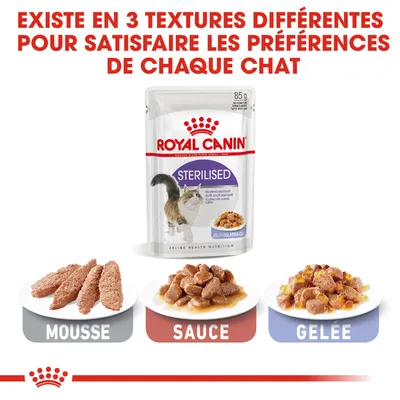 Royal Canin Sterilised 85 g, existe en 3 textures : mousse, sauce, gelée. Texte visible : 'EXISTE EN 3 TEXTURES DIFFÉRENTES POUR SATISFAIRE LES PRÉFÉRENCES DE CHAQUE CHAT'.