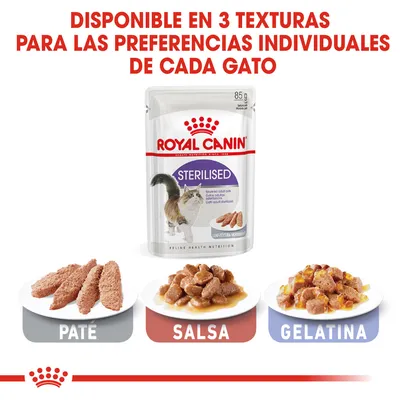 Royal Canin Sterilised disponible en 3 texturas: paté, salsa y gelatina. Texto: Disponible en 3 texturas para las preferencias individuales de cada gato. Envase de 85 g visible.