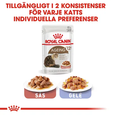 Royal Canin Ageing 12+ kattmat, tillgänglig i två konsistenser: sås och gelé. Text: Tillgängligt i 2 konsistenser för varje katts individuella preferenser.