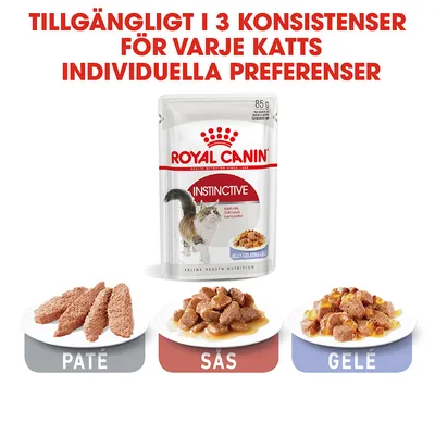 Royal Canin Instinctive kattmat, 85 g förpackning. Text: Tillgängligt i 3 konsistenser för varje katts individuella preferenser. Tre tallrikar: paté, sås, gelé.
