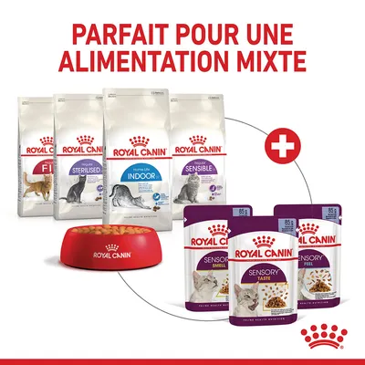 Royal Canin croquettes Fit, Sterilised, Indoor 27, Sensible et sachets Sensory Smell, Taste, Feel 85 g. Texte : Parfait pour une alimentation mixte.