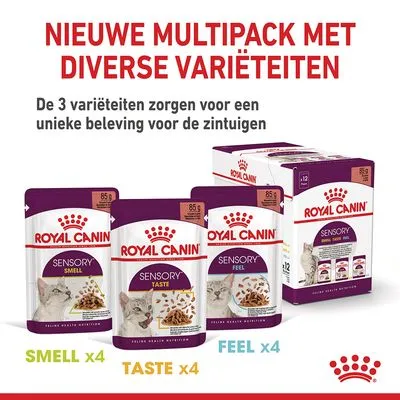 Royal Canin Sensory multipack kattenvoer, 3 variëteiten: Smell x4, Taste x4, Feel x4. Nieuwe multipack met diverse variëteiten voor unieke zintuiglijke beleving. 12 porties van 85 g.