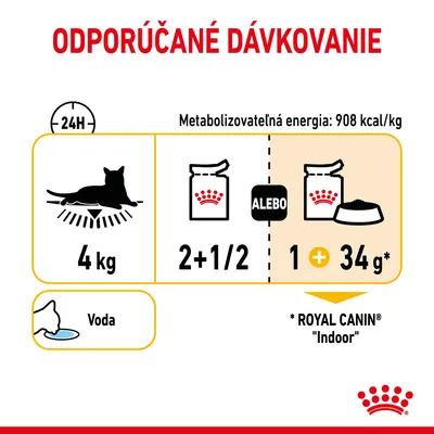 Odporúčané dávkovanie pre mačku 4 kg: 2 a pol kapsičky alebo 1 kapsička plus 34 g granúl Royal Canin Indoor denne. Metabolizovateľná energia 908 kcal/kg. Voda vždy k dispozícii.