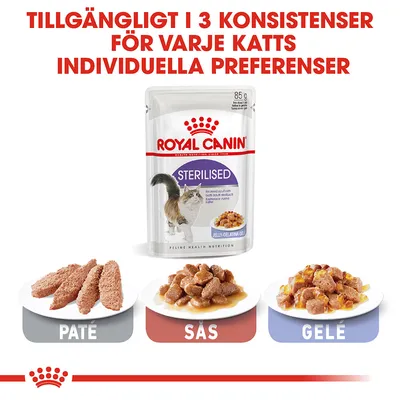 Royal Canin Sterilised kattmat, 85 g påse. Finns i tre konsistenser: paté, sås och gelé. Text: Tillgängligt i 3 konsistenser för varje katts individuella preferenser.