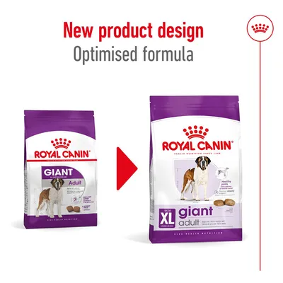 Σύγκριση παλιάς και νέας συσκευασίας Royal Canin Giant Adult. Κείμενο: New product design, Optimised formula. Νέα συσκευασία: size XL giant adult, healthy joints, support vitality.