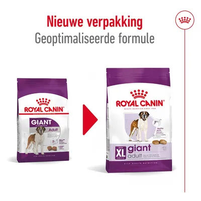 Royal Canin Giant Adult hondenvoer, nieuwe verpakking en geoptimaliseerde formule. Links oude zak, rechts nieuwe zak met tekst: size XL giant adult, healthy joints, optimal vitality.