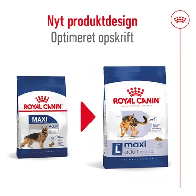 Royal Canin MAXI Adult hundefoder, før og efter nyt produktdesign. Tekst: Nyt produktdesign, Optimeret opskrift. To poser med forskelligt design vises side om side.