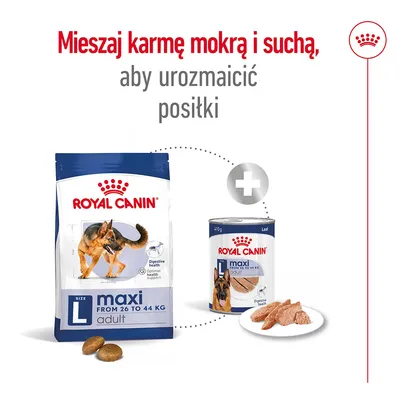 ROYAL CANIN maxi adult L sucha karma 26–44 kg oraz mokra karma w puszce 410 g. Tekst: Mieszaj karmę mokrą i suchą, aby urozmaicić posiłki.