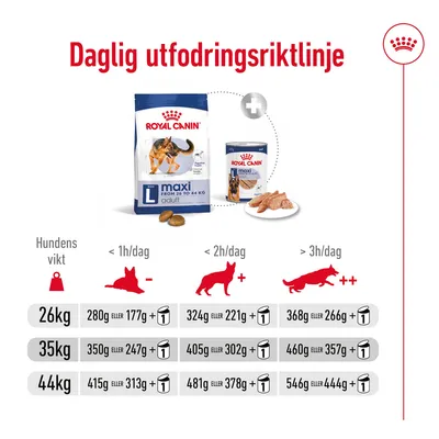 Daglig utfodringsriktlinje för Royal Canin Maxi Adult, hundvikt 26–44 kg. Mängd torr- eller våtfoder anges beroende på aktivitetsnivå: <1h, <2h eller >3h per dag.