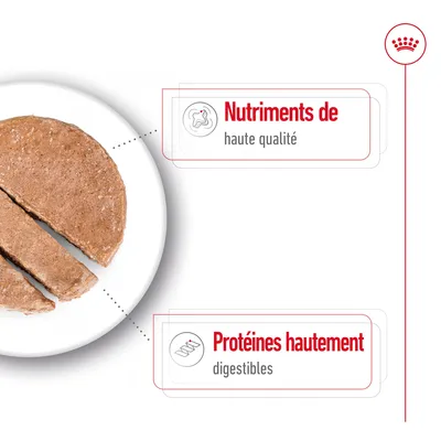 Nutriments de haute qualité. Protéines hautement digestibles. Texte en français sur l’image, à côté d’une portion de pâtée découpée.