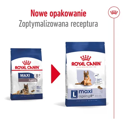 Royal Canin maxi ageing 8+ nowe opakowanie, zoptymalizowana receptura. Widoczne dwa warianty opakowań karmy dla psów dużych ras powyżej 8 lat. Royal Canin maxi ageing 8+ nowe opakowanie, zoptymalizowana receptura. Widoczne dwa warianty opakowań karmy dla psów dużych ras powyżej 8 lat.