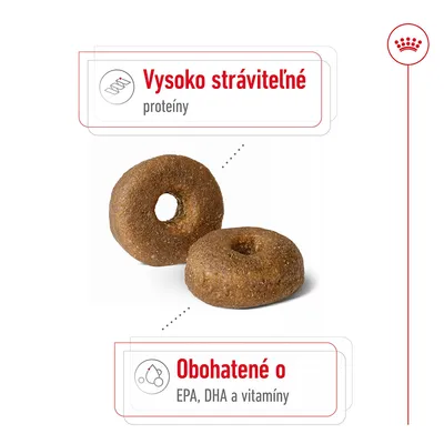 Granule s textom: Vysoko stráviteľné proteíny. Obohatené o EPA, DHA a vitamíny.