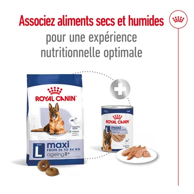 ROYAL CANIN maxi ageing 8+ L, croquettes et pâtée pour chiens de 26 à 44 kg. Texte : Associez aliments secs et humides pour une expérience nutritionnelle optimale.