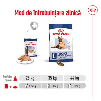 Mod de întrebuințare zilnică Royal Canin Maxi Ageing 8+: pentru câini 26 kg – 1 conservă + 222 g, 35 kg – 1 conservă + 302 g, 44 kg – 1 conservă + 377 g.
