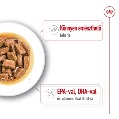 Tál nedves állateledel, mellette szöveg: Könnyen emészthető fehérje; EPA-val, DHA-val és vitaminokkal dúsítva.