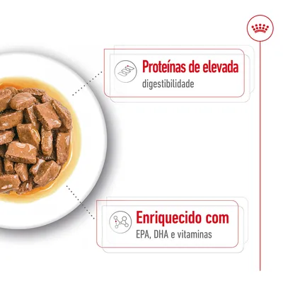 Prato com pedaços de comida húmida. Texto visível: 'Proteínas de elevada digestibilidade', 'Enriquecido com EPA, DHA e vitaminas'.